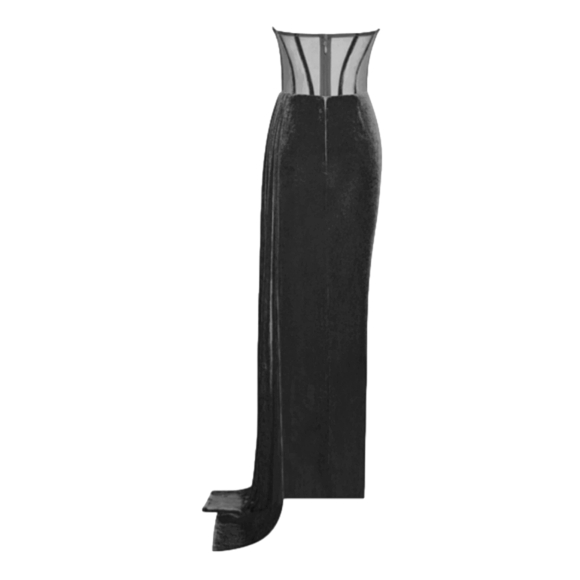 Black Corset High Slit Velvet Gown Sexy Winter Dress Women's Formal - Picture 10 of 16